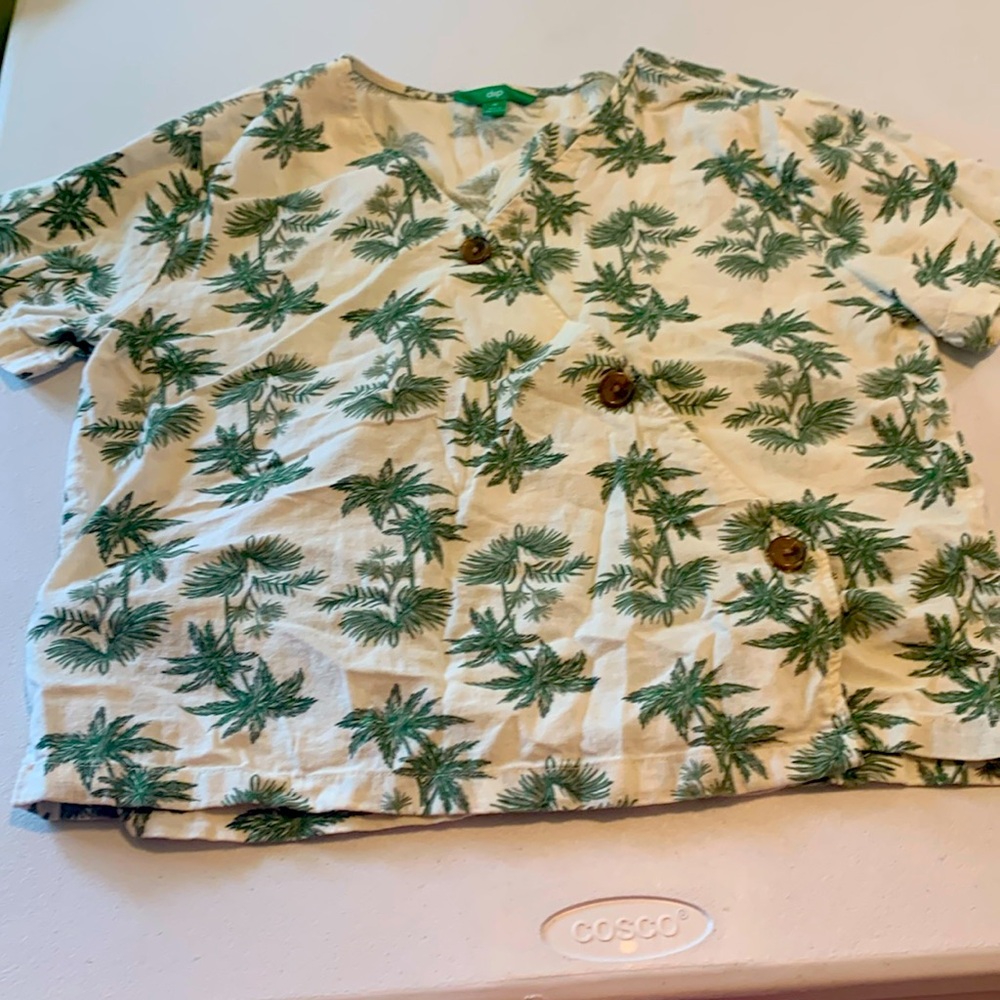 SZ M Cool LINEN-Blend Top/Tunic,Coastal-White with Kelly Green PalmTrees,Light